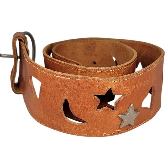 Bullocks Vintage Moon Stars Hearts Cut Out Leather Belt Retro Boho Statement - Picture 1 of 9